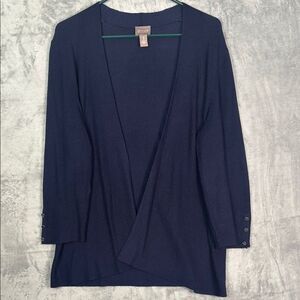 Chico’s Navy Ribbed Soft Button Sleeve Detail Open Front Cardigan Size 3
